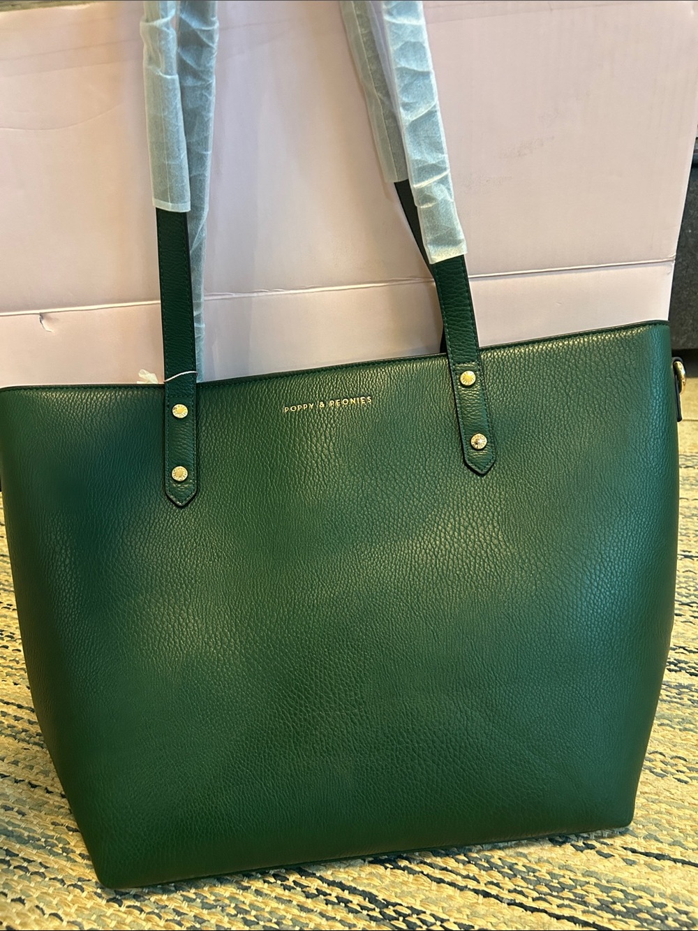Poppy & Peonies Emerald Green Pebbled Leather Tote
